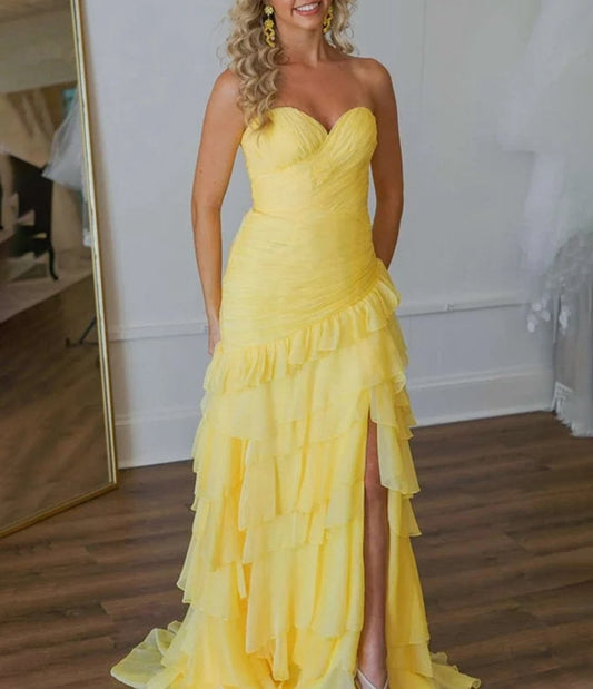 Ruched Ruffle Fitted Long Prom Dresses with Slit