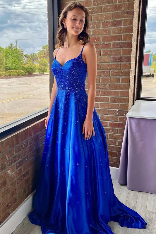 A-line V Neck Satin Long Prom Dresses with Beading