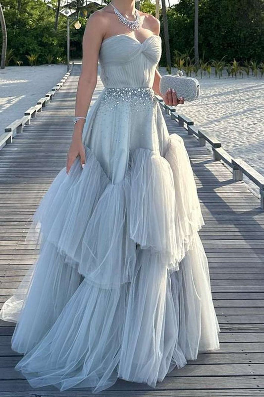 Strapless A-line Tulle Long Prom Dresses with Beading