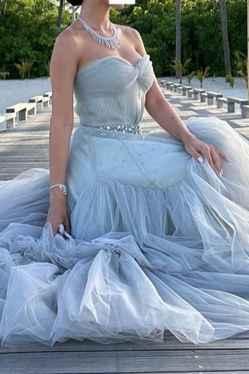 Strapless A-line Tulle Long Prom Dresses with Beading
