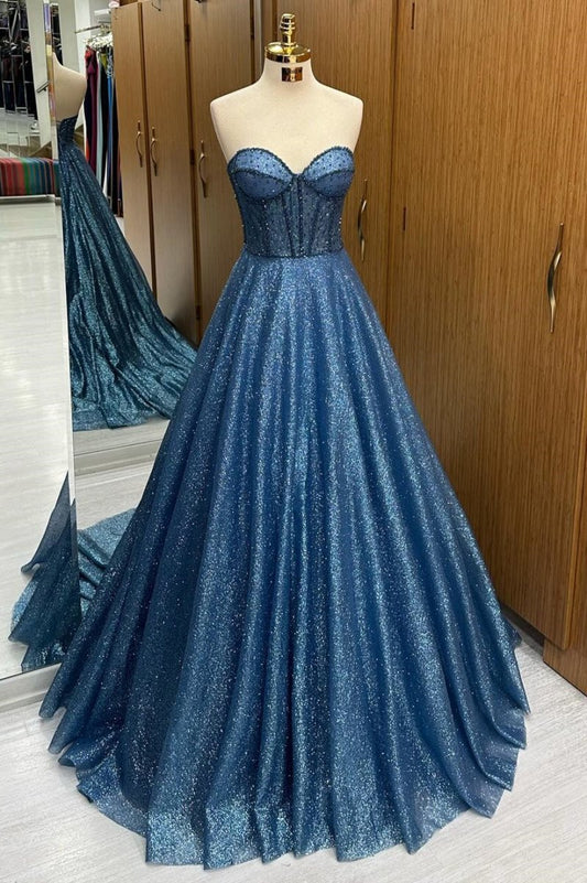 Sequin Beaded Sweetheart A-line Long Prom Dresses