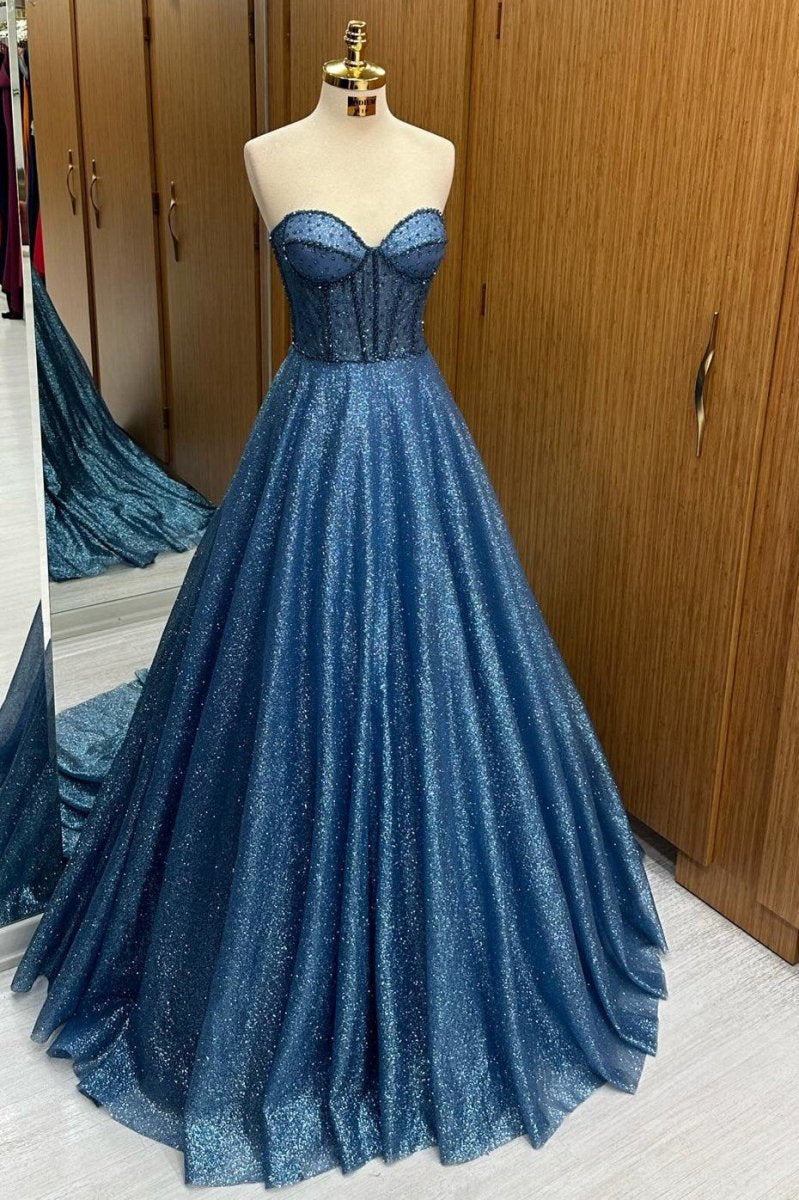 Sequin Beaded Sweetheart A-line Long Prom Dresses