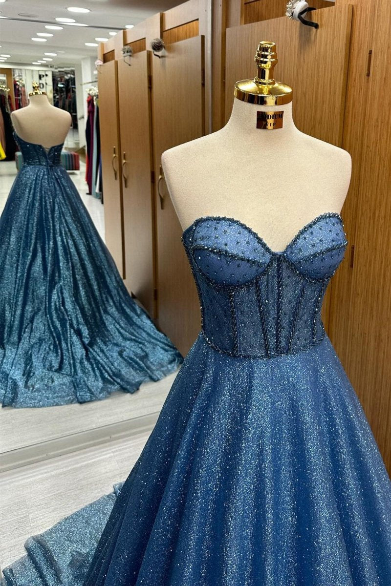 Sequin Beaded Sweetheart A-line Long Prom Dresses