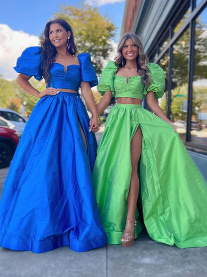 Two-Piece Puff Sleeves Satin Long Prom Dresses with Split