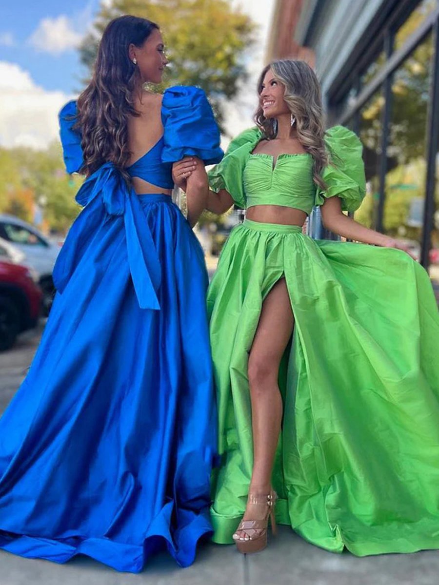 Two-Piece Puff Sleeves Satin Long Prom Dresses with Split