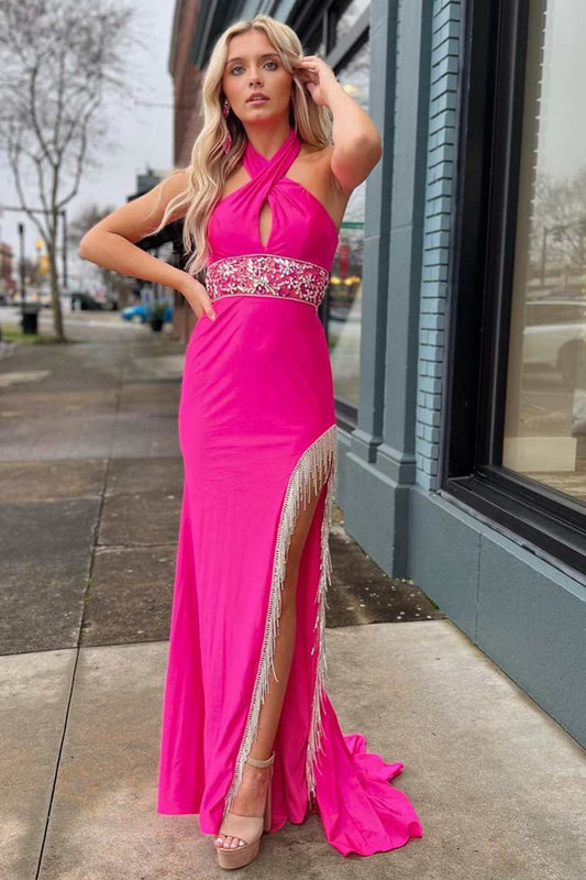 Cross-Front Beaded Fringe Long Prom Dresses with Slit
