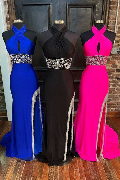 Cross-Front Beaded Fringe Long Prom Dresses with Slit