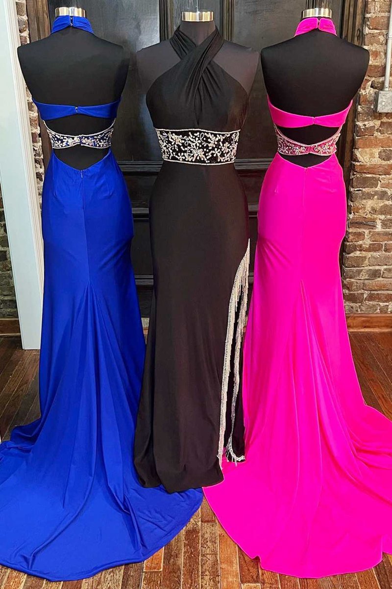 Cross-Front Beaded Fringe Long Prom Dresses with Slit
