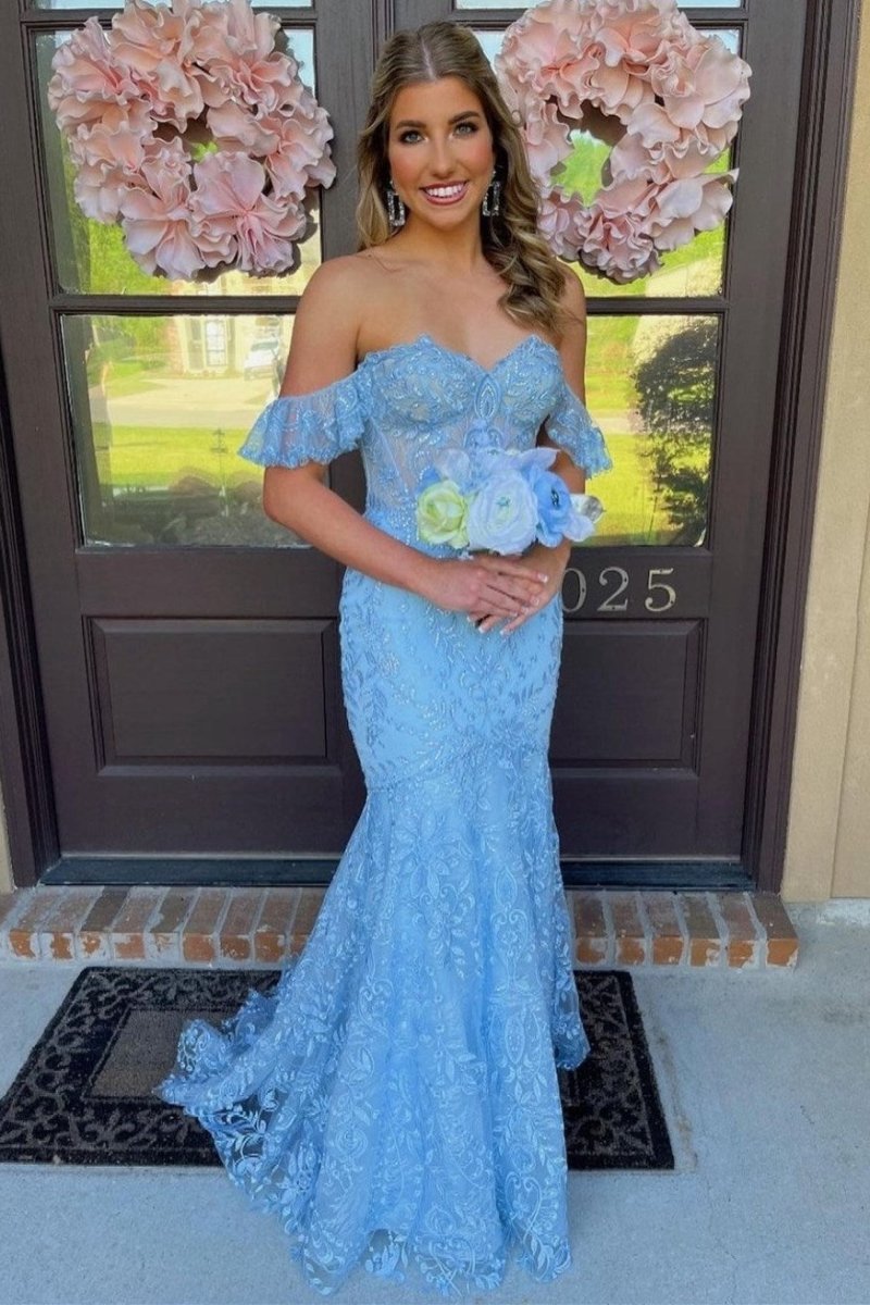 Floral Lace Off-the-Shoulder Ruffle Long Prom Dresses