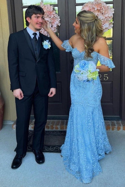 Floral Lace Off-the-Shoulder Ruffle Long Prom Dresses