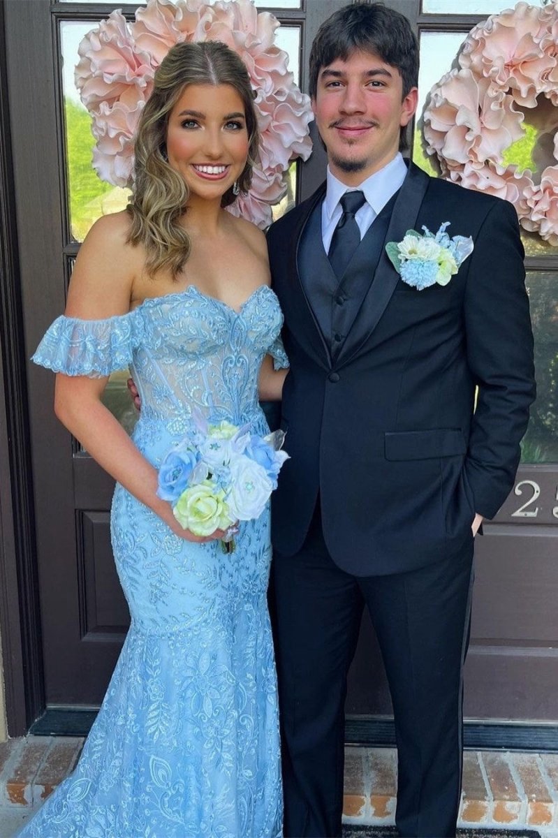 Floral Lace Off-the-Shoulder Ruffle Long Prom Dresses