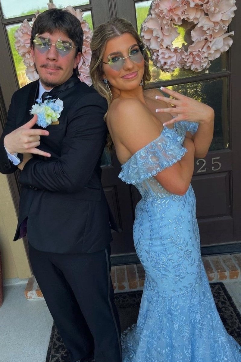 Floral Lace Off-the-Shoulder Ruffle Long Prom Dresses