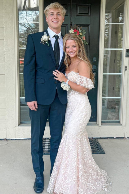 Floral Lace Off-the-Shoulder Ruffle Long Prom Dresses