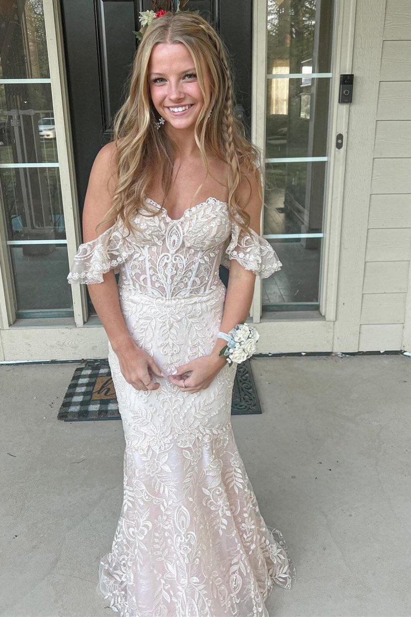 Floral Lace Off-the-Shoulder Ruffle Long Prom Dresses