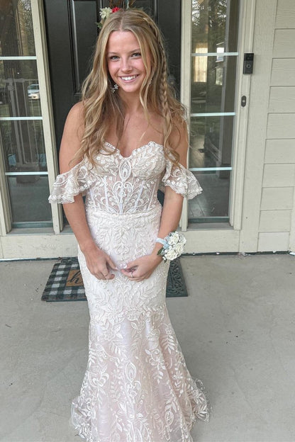 Floral Lace Off-the-Shoulder Ruffle Long Prom Dresses