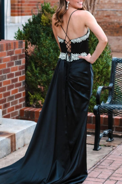 Rhinestone V-Neck Long Formal Dresses with Attached Train