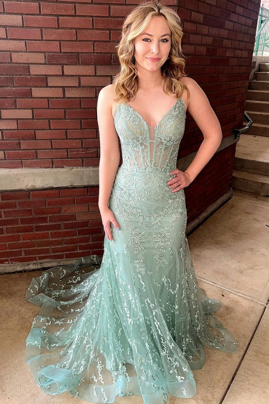 Lace Spaghetti Straps Mermaid Long Formal Dresses