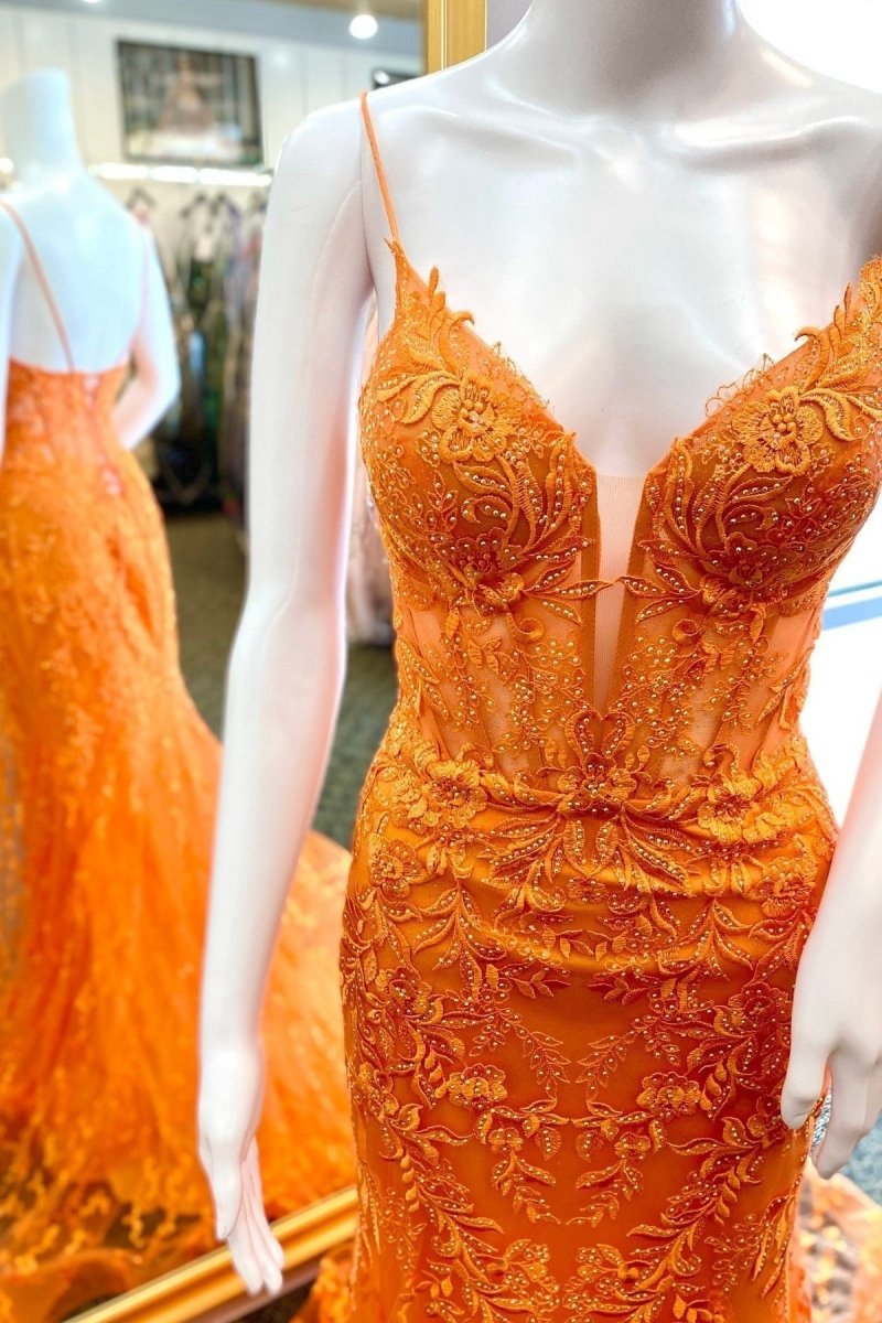 Lace Spaghetti Straps Mermaid Long Formal Dresses