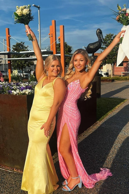 Mermaid Satin V Neck Long Party Dresses