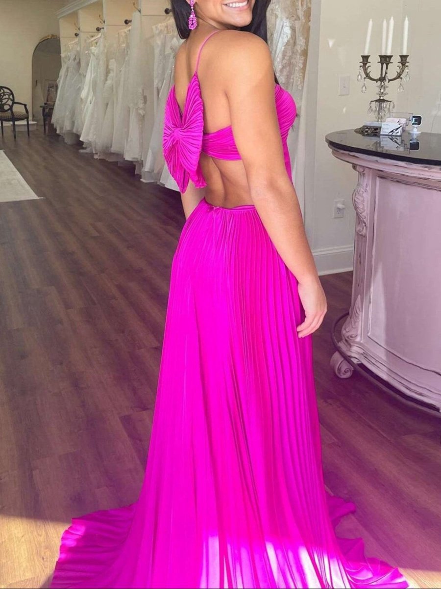 A-line Straps Pleated Chiffon Long Formal Dresses with Bow Back