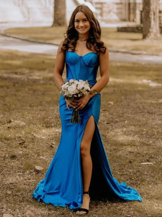 Satin Mermaid Long Formal Dresses with Slit