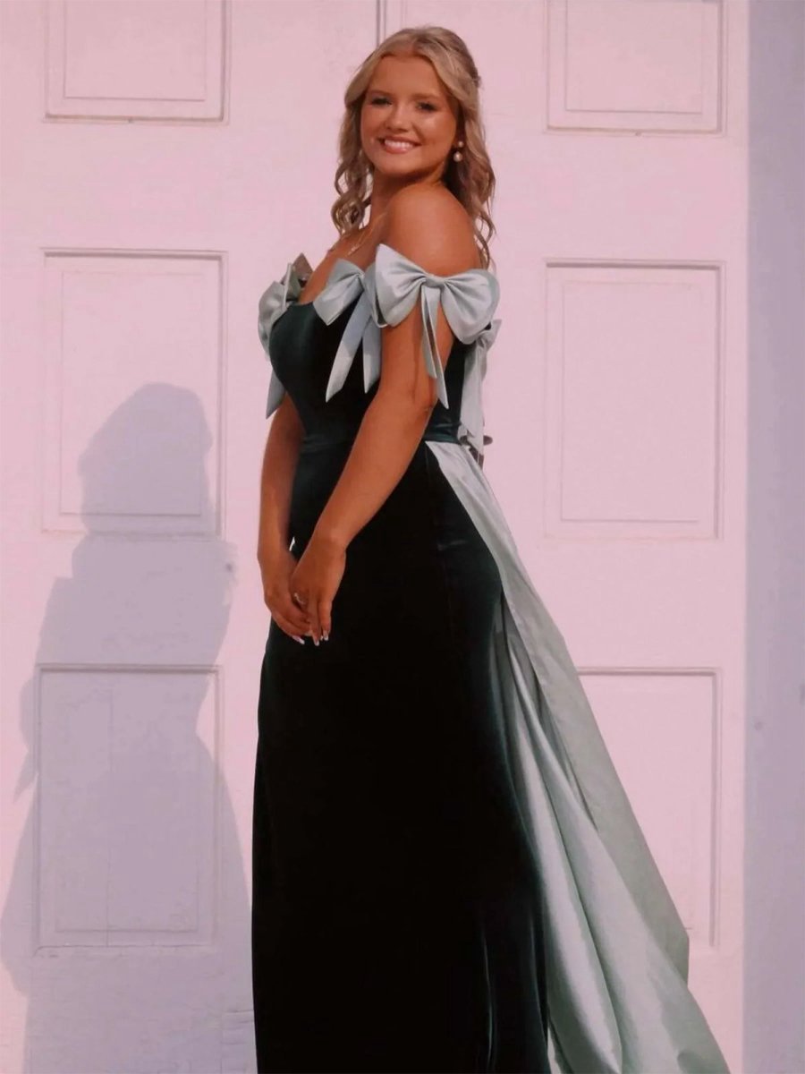 Off the Shoulder Mermaid Long Velvet Prom Dresses with Bows