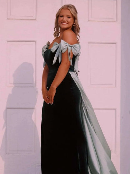 Off the Shoulder Mermaid Long Velvet Prom Dresses with Bows