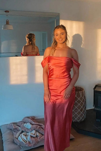 Off the Shoulder Coral Mermaid Satin Long Party Dresses