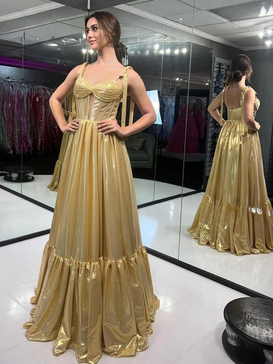 Bow Straps Gold Metallic A-line Long Formal Dresses