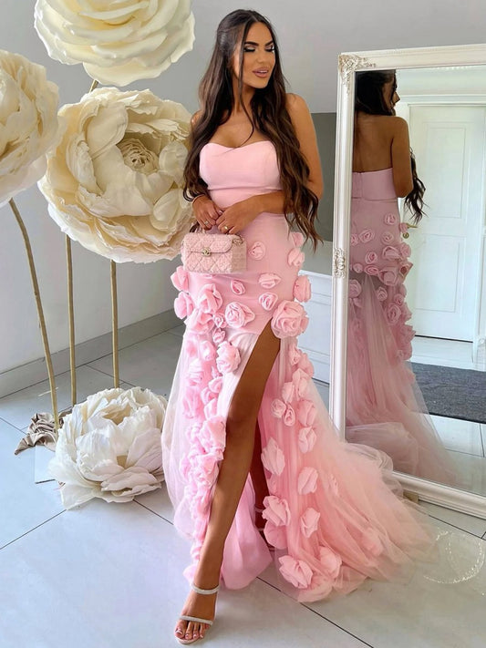 A-line Sweetheart Sleeveless Slit Flowers Prom Dresses