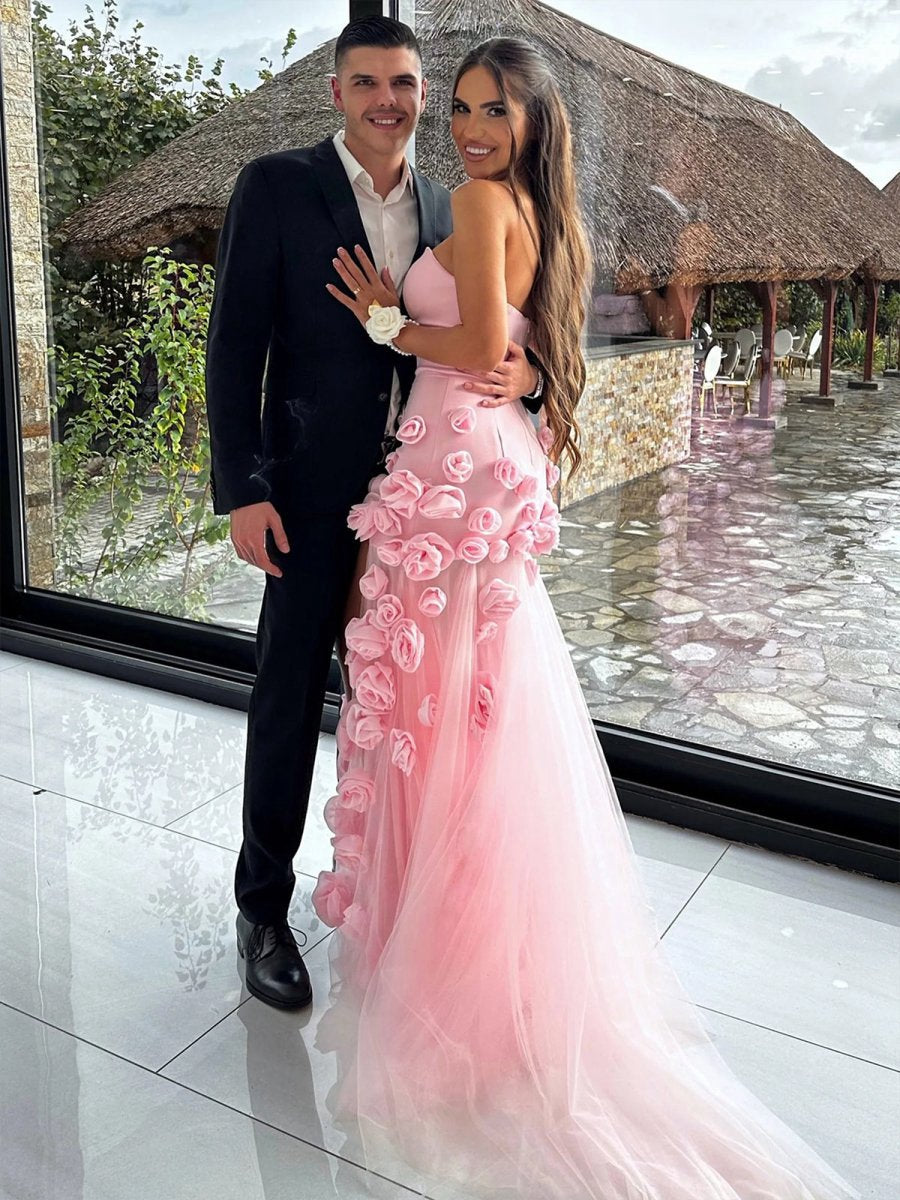 A-line Sweetheart Sleeveless Slit Flowers Prom Dresses