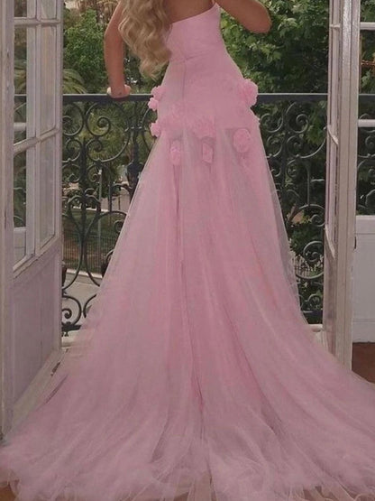A-line Sweetheart Sleeveless Slit Flowers Prom Dresses