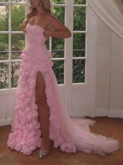 A-line Sweetheart Sleeveless Slit Flowers Prom Dresses