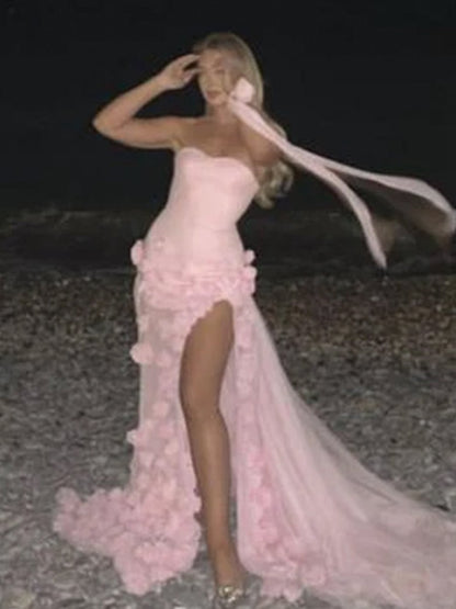 A-line Sweetheart Sleeveless Slit Flowers Prom Dresses