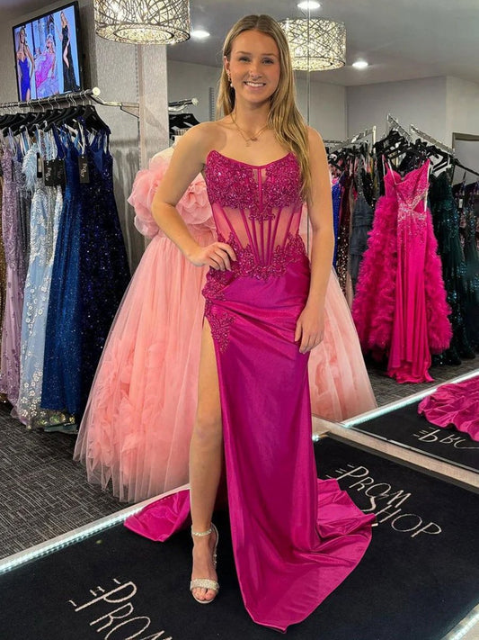 Strapless Satin Mermaid Long Prom Dresses with Slit