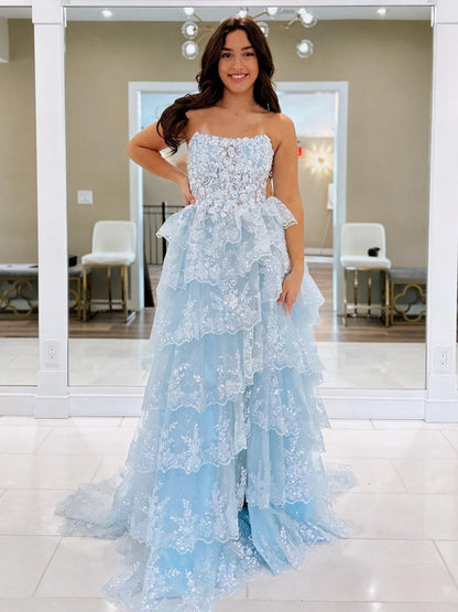 A-line Strapless Ruffle Sequin Lace Prom Dresses