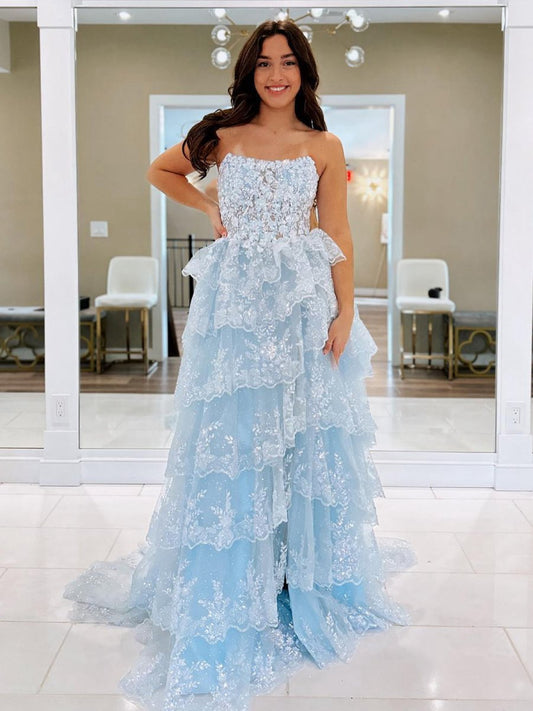 A-line Strapless Ruffle Sequin Lace Prom Dresses