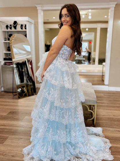 A-line Strapless Ruffle Sequin Lace Prom Dresses