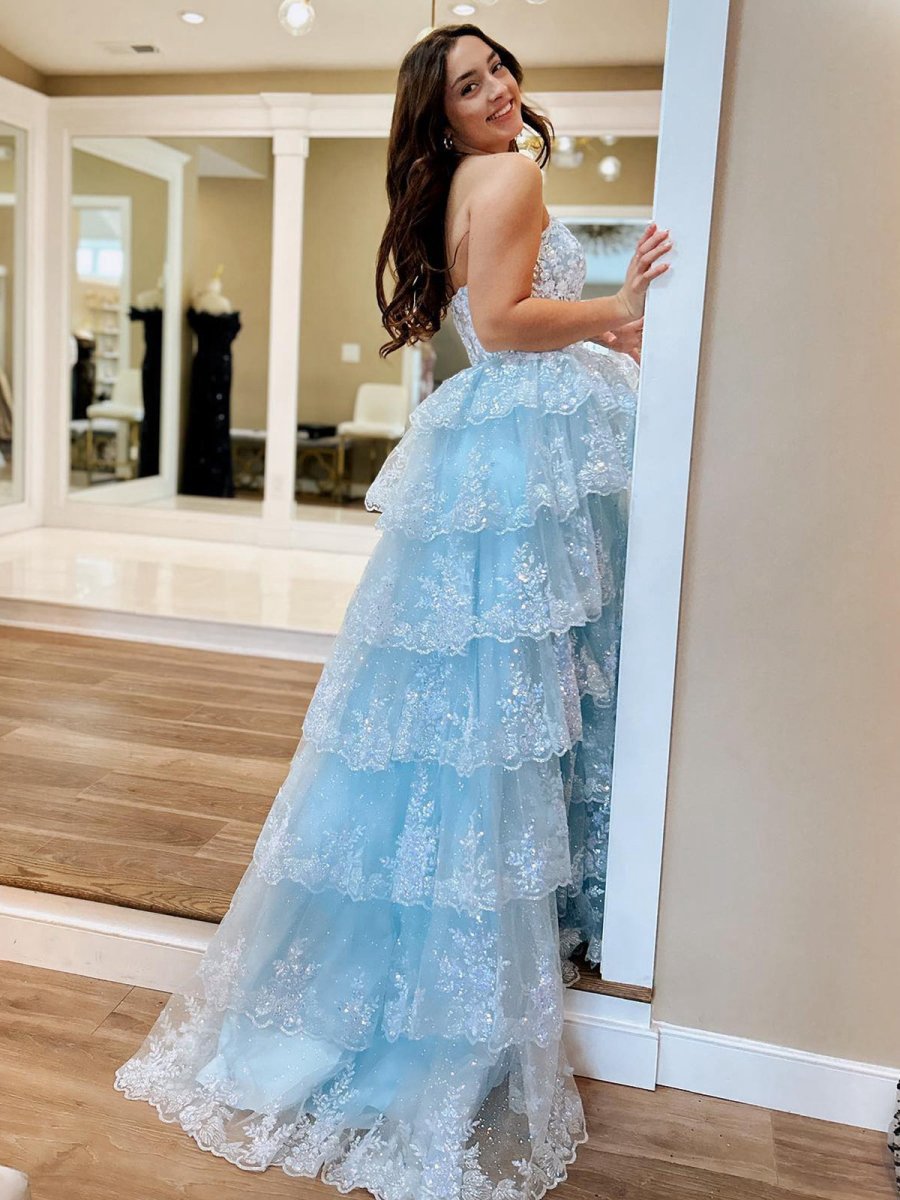 A-line Strapless Ruffle Sequin Lace Prom Dresses
