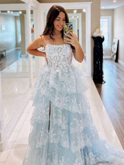 A-line Strapless Ruffle Sequin Lace Prom Dresses