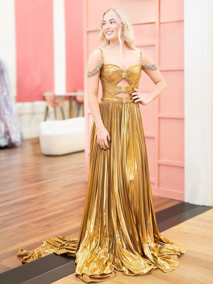 Off the Shoulder Gold A-line Metallic Pleated Long Formal Gown