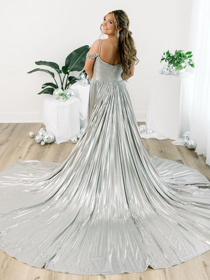 Off the Shoulder Gold A-line Metallic Pleated Long Formal Gown