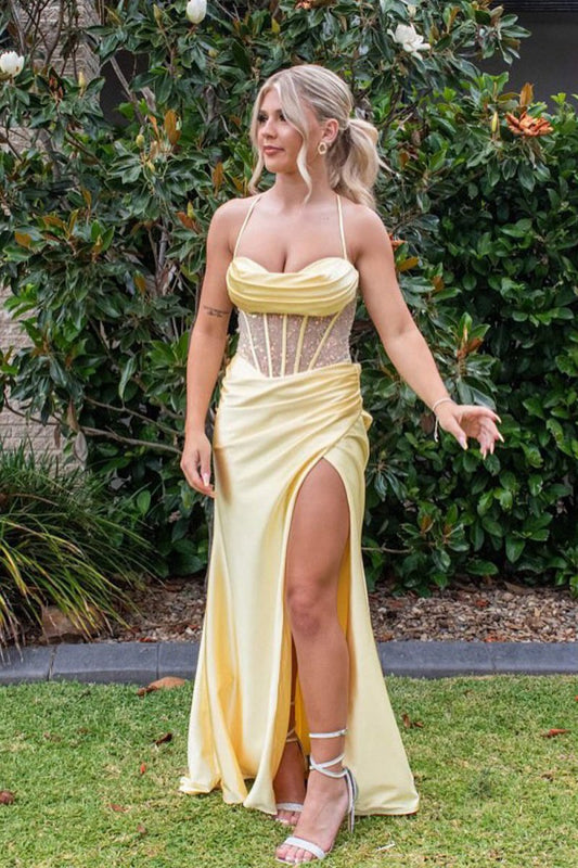 Sage Scoop Neck Satin Mermaid Long Prom Dresses with Slit