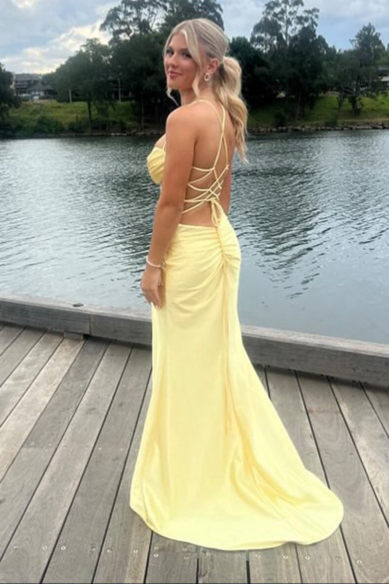 Sage Scoop Neck Satin Mermaid Long Prom Dresses with Slit