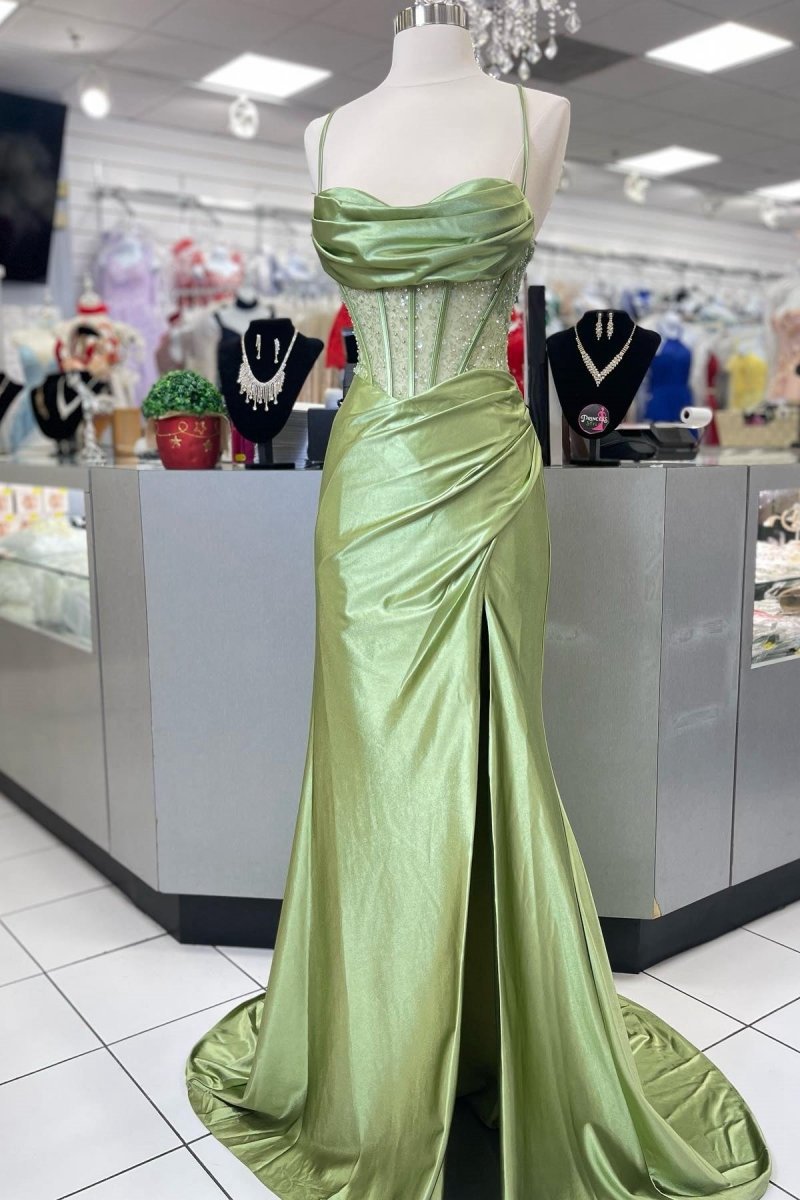 Sage Scoop Neck Satin Mermaid Long Prom Dresses with Slit