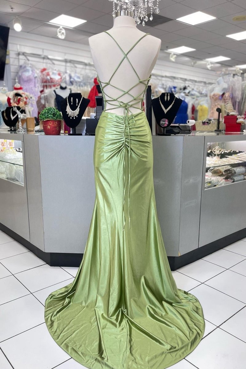 Sage Scoop Neck Satin Mermaid Long Prom Dresses with Slit