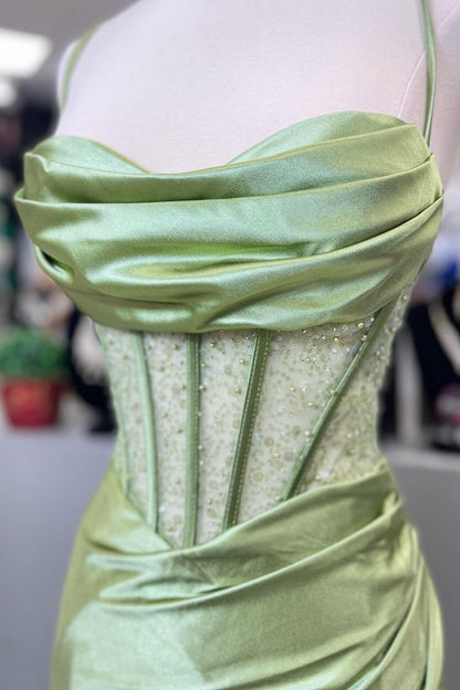 Sage Scoop Neck Satin Mermaid Long Prom Dresses with Slit