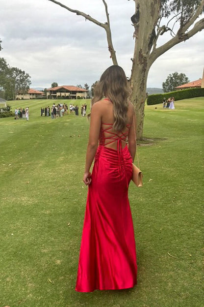 Sage Scoop Neck Satin Mermaid Long Prom Dresses with Slit