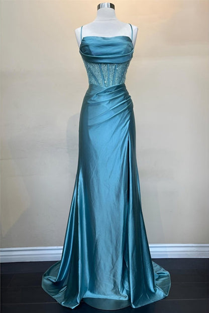 Sage Scoop Neck Satin Mermaid Long Prom Dresses with Slit