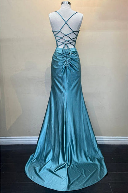 Sage Scoop Neck Satin Mermaid Long Prom Dresses with Slit